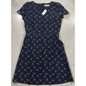 NWT LOFT Fit Flare Dress Womens 6T Navy Blue Feather Leaf Print V Neck Pockets